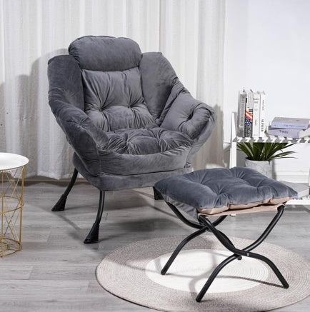 Living Room Chair Modern Cotton Fabric Lazy Chair With Armrests And Side Pockets - Dark Grey With Ottoman