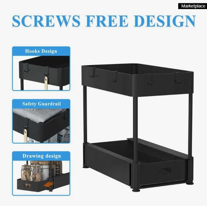 2PC Under Sink Organizer Rack 2 Tier Under Sliding Cabinet Basket Organizer Drawer With 4 Hooks, Multi-purpose Under Sink Storage For Bathroom Kitchen Desktop Black