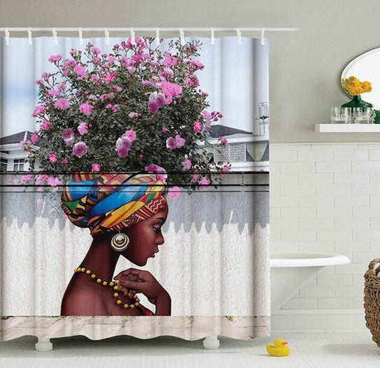 Art Design Graffiti Art Hip Hop African Girl with Black Hair Big Earring with Modern Building Shower Curtain for Bathroom Decor ShopWithASmile7.com