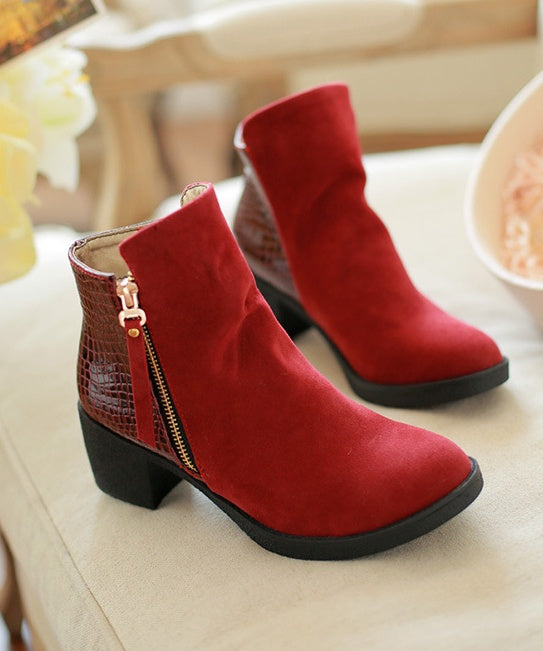 Rough leather low boots high heel women's boots side zip large size women's shoes