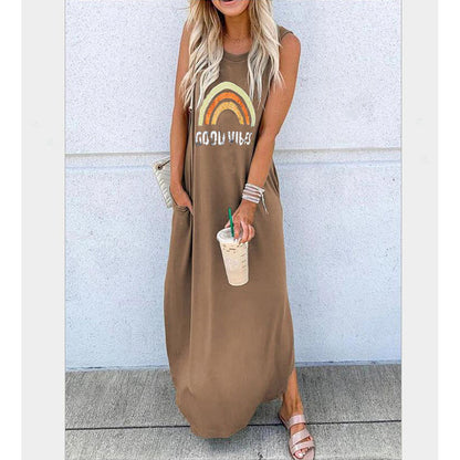 Women's Round Neck Short Sleeve Loose Mid Length Dress