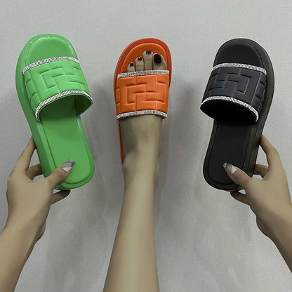 Rhinestones Slippers Women Summer Candy-color Flat Heel Shoes ShopWithASmile7.com