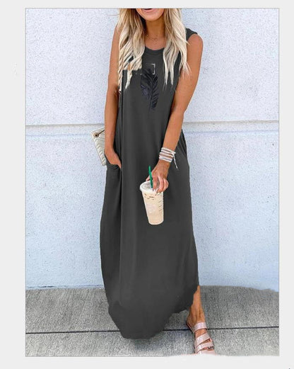 Women's Round Neck Short Sleeve Loose Mid Length Dress