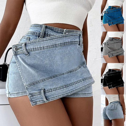 Y2K Street Vintage Denim Shorts Stretch Overlap Waist Wrap Solid Asymmetrical Hem A-Line Skinny Mini Skorts Skirt ShopWithASmile7.com