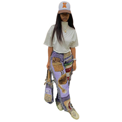 Fashion Loose Color Pattern Tassel Women's Trousers