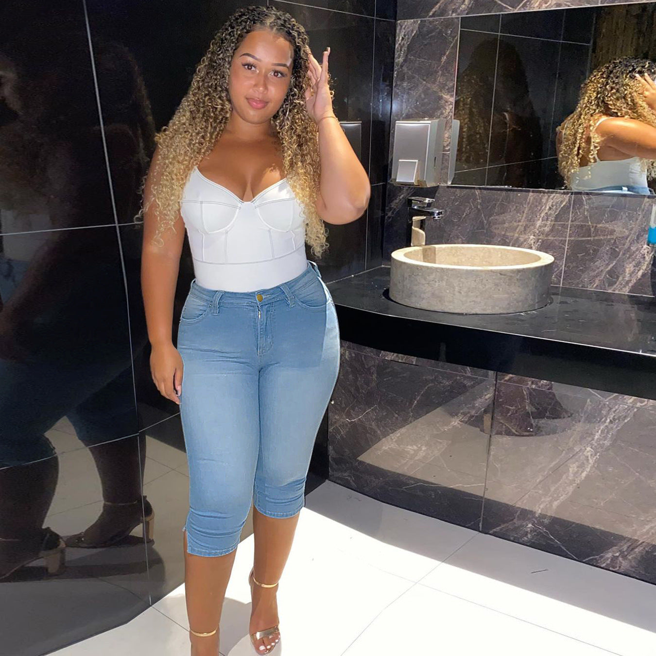 Women's Fashion Solid Color High Waist Slim Denim Cropped Pants