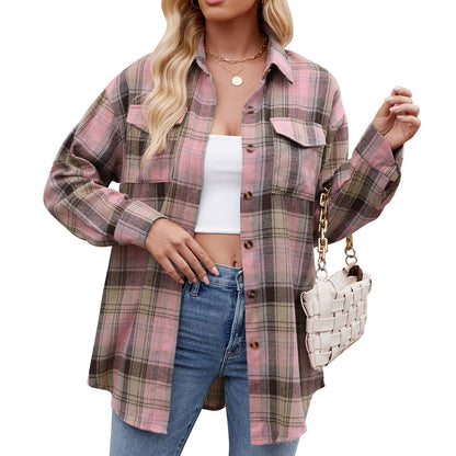 Trendy Loose-Fit Plaid Pocket Shirt for Women ShopWithASmile.com