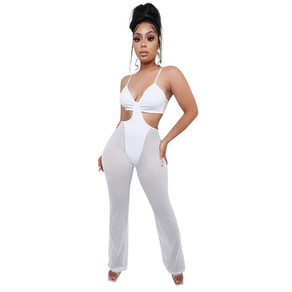 Sexy Mesh See-Through Suspenders Flared Pants
