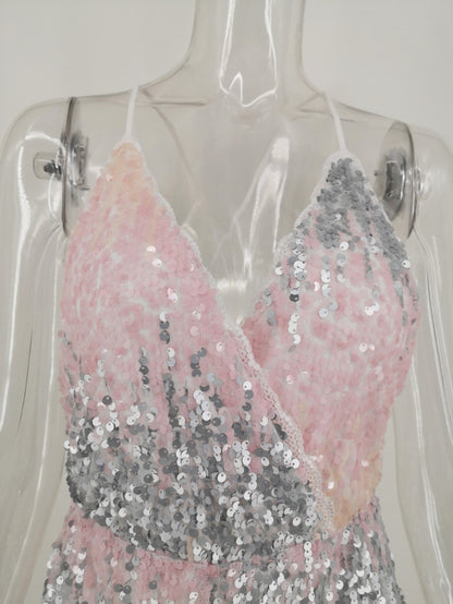 Women's V-Neck Sling Backless Sequin Jumpsuit