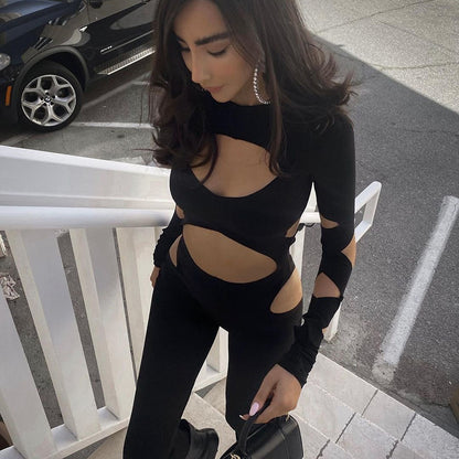 2023 New Casual Hollow Out Navel Long-sleeved Slim Jumpsuit ShopWithASmile7.com