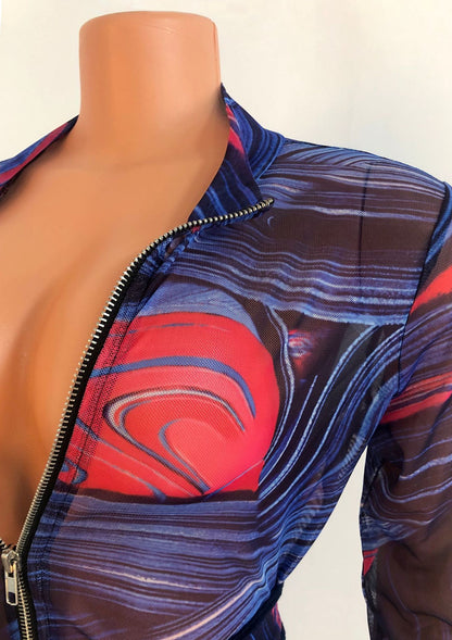 Printed Sexy Nightclub Long-Sleeved Mesh See-Through Jumpsuit