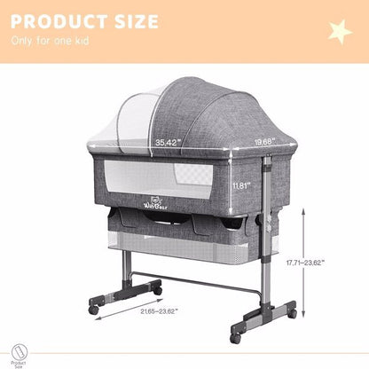 3-in-1 Bedside Crib With Mosquito Net, Large Storage Bag, Comfortable Mattress With Lockable Wheels, Grey ShopWithASmile7.com