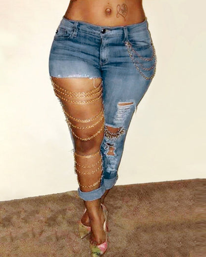 Fashionable Ripped Chain Jeans – Light Wash, High-Stretch Denim, Slim Fit Pencil Pants for Women