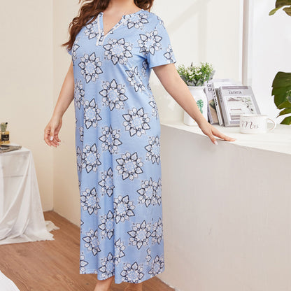 Women's Printed Lace V-neck Patchwork Short Sleeve And Long Pattern Home Nightdress
