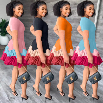 European And American Women's Clothing Summer Color Block Short Sleeve Pleated Dress