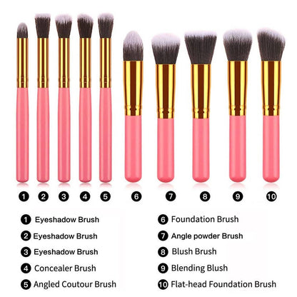 10-Piece Professional Makeup Brush Set with Bag – Soft Nylon Bristles, Golden Black Design, Portable and Reusable for Beginners and Pros
