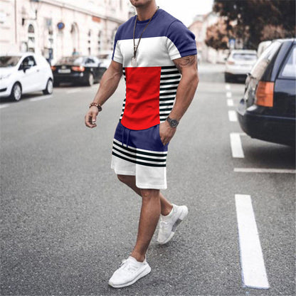 Men's Short Sleeve Sports Casual Fashion Striped Colorblock Suit