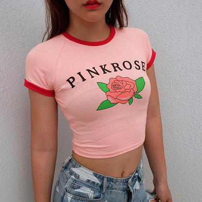 New Women's Printed Tight Short T-shirt Round Neck