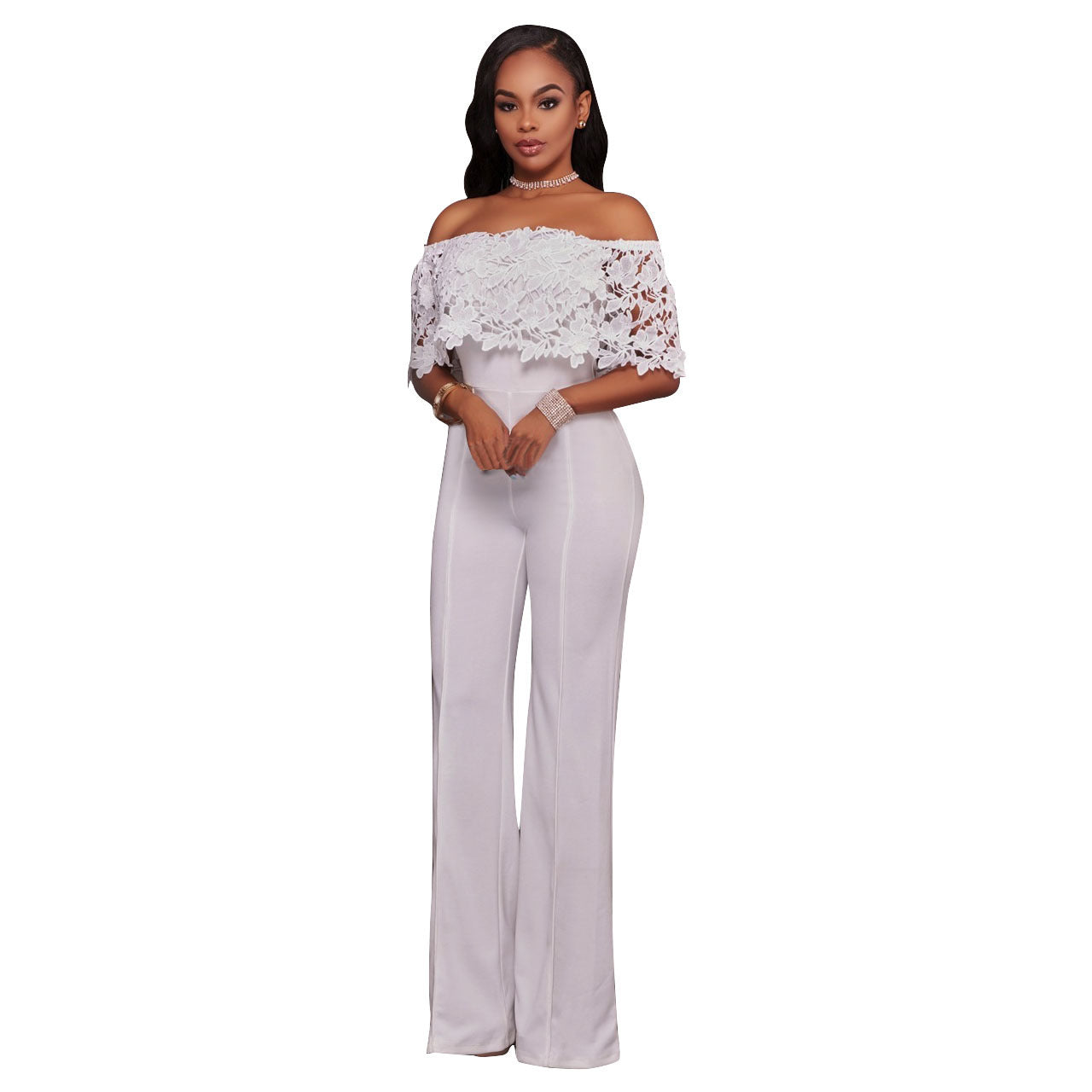 Sexy Tight One-neck Water-soluble Embroidered Jumpsuit ShopWithASmile7.com