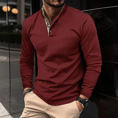 Men's Double Layer Lapel Polo Shirt Fashion Waffle Long-sleeved Tops Clothing ShopWithASmile7.com
