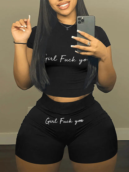 Women's Printed Sports Letter Print Short-sleeve Shorts Casual Two-piece Suit