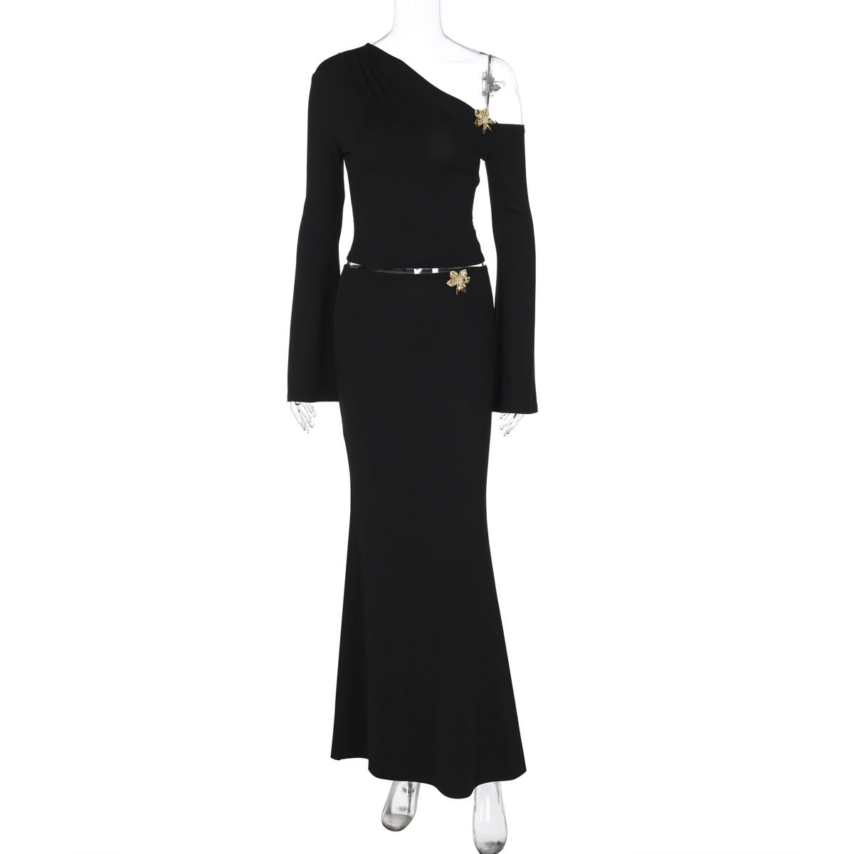 Sexy Slim Oblique Shoulder Skirt Suit With Flower Fashion Bell Sleeve Long Sleeve Top And High Waist Long Skirt Women Clothing ShopWithASmile7.com