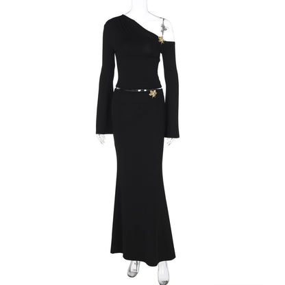 Sexy Slim Oblique Shoulder Skirt Suit With Flower Fashion Bell Sleeve Long Sleeve Top And High Waist Long Skirt Women Clothing ShopWithASmile7.com