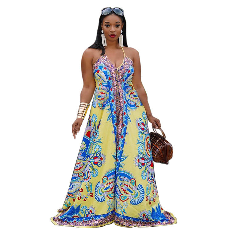 Loose Sling Print Cutout Back Jumpsuit