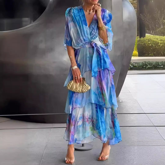 European And American Printing Layered Dress ShopWithASmile.com