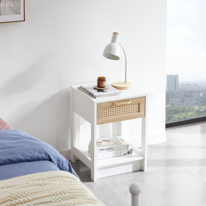 15.75-Inch Rattan Side Table with Drawers – Modern Bedside Table for Living Room or Bedroom, White