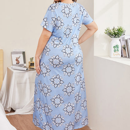 Women's Printed Lace V-neck Patchwork Short Sleeve And Long Pattern Home Nightdress