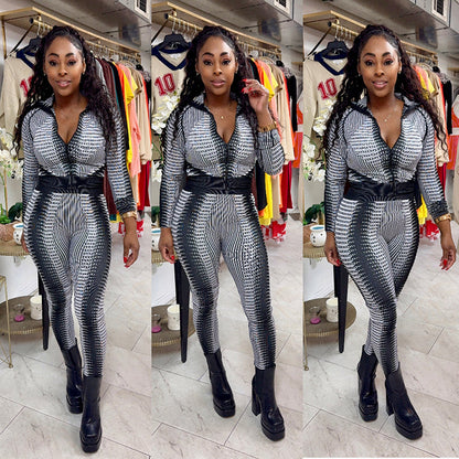 Fashion Long Sleeve Striped Printed High Waist Suit Women