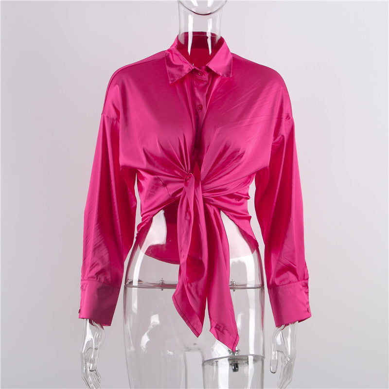 Elegant Satin Lace-up Long-sleeved Casual Fashion Loose Top ShopWithASmile7.com