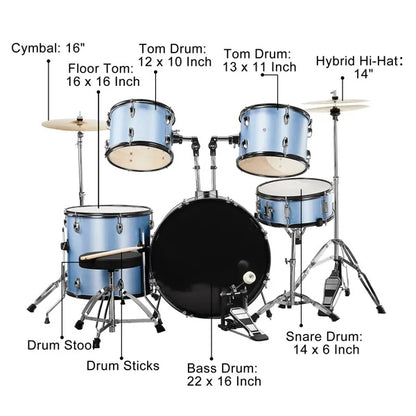 Full Size Drum Set 5-Piece Two Tom Drum, Snare Drum, Floor Tom