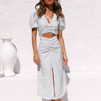 European And American Sexy V-neck Collage Blouse Dress One-piece Two-piece Split Long Skirt