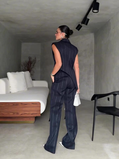 Striped Irregular Hem Top Pocket Zipper Wide Leg Pants Suit