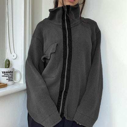 Women's Workwear Stand Collar Contrast Knitted Knit Jacket