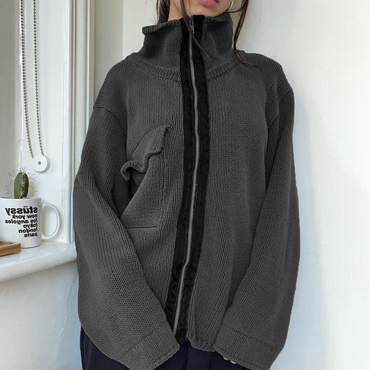 Women's Workwear Stand Collar Contrast Knitted Knit Jacket