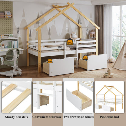 Wooden Bed, Children S Bed, 3ft Single Bed 90x190cm, MDF  Pinewood  Plywood, Safety Guardrail, Two Storage Drawers With Wheels,Roof Shape, White  Natural
