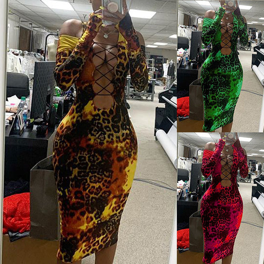 European And American Women's Long-sleeved Leopard Print Tube Top Dress
