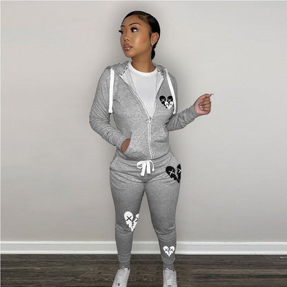Zipper Printed Casual Hooded Sweater Set