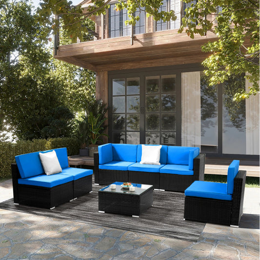 Black Sheet Rattan Dark Blue Mat Sponge Sandwich Braided Rattan Seven-piece Set