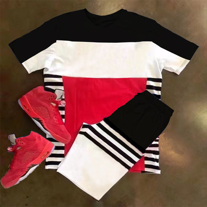 Men's Short Sleeve Sports Casual Fashion Striped Colorblock Suit