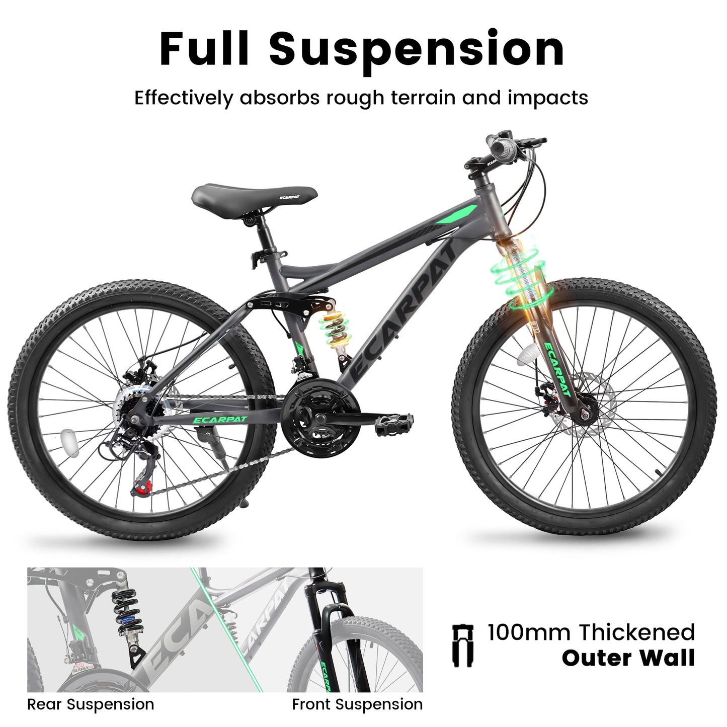 A2460 24 Inch Mountain Bike With Full Suspension, 21 Speed Grip Shifters, High Carbon Steel Frame, Mechanical Disc Brakes, Unisex For Men Women Adults, Ideal For Trails.