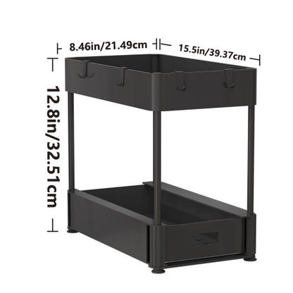 2PC Under Sink Organizer Rack 2 Tier Under Sliding Cabinet Basket Organizer Drawer With 4 Hooks, Multi-purpose Under Sink Storage For Bathroom Kitchen Desktop Black