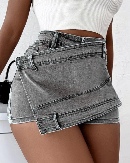 Y2K Street Vintage Denim Shorts Stretch Overlap Waist Wrap Solid Asymmetrical Hem A-Line Skinny Mini Skorts Skirt ShopWithASmile7.com