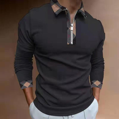 European And American Men's Zipper Stitching Lapel T-shirt