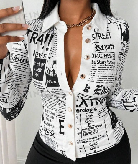 Women's Casual Daily Full Print Front Button Long Sleeve Shirt ShopWithASmile.com