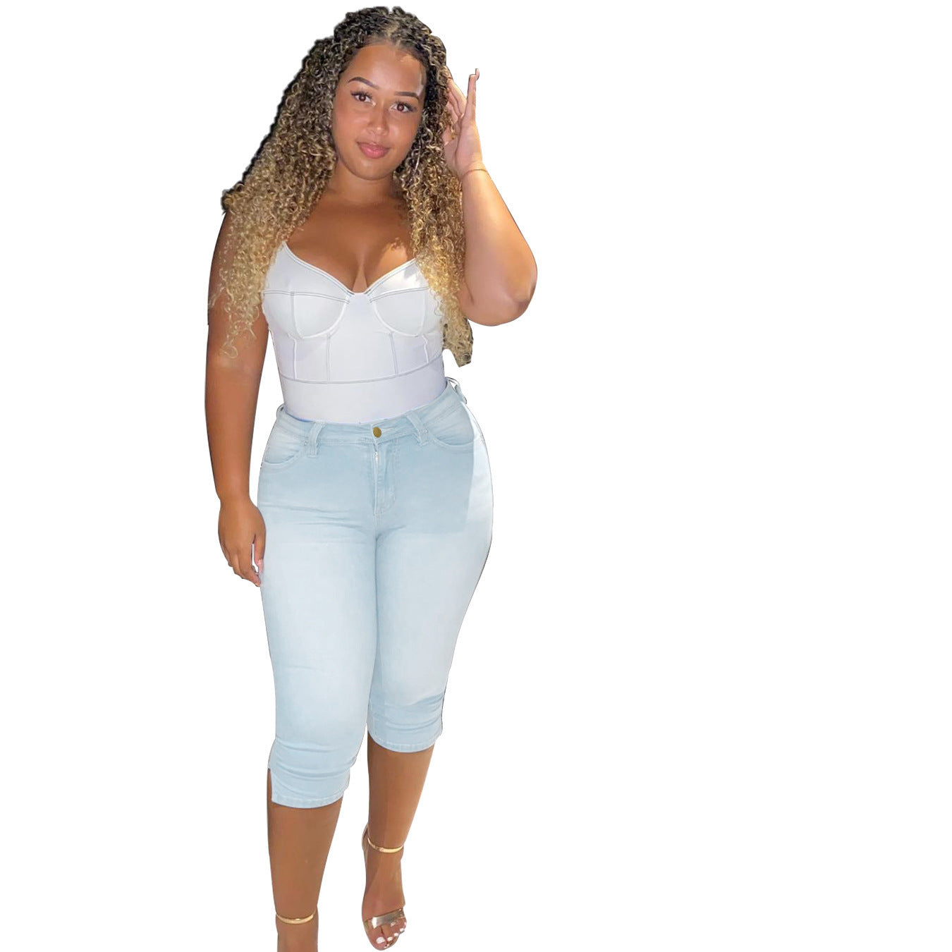 Women's Fashion Solid Color High Waist Slim Denim Cropped Pants