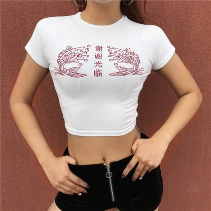 New Women's Printed Tight Short T-shirt Round Neck